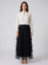 Laraa Celeste Sequin Rosette Tie-Neck Flare Sleeve Top