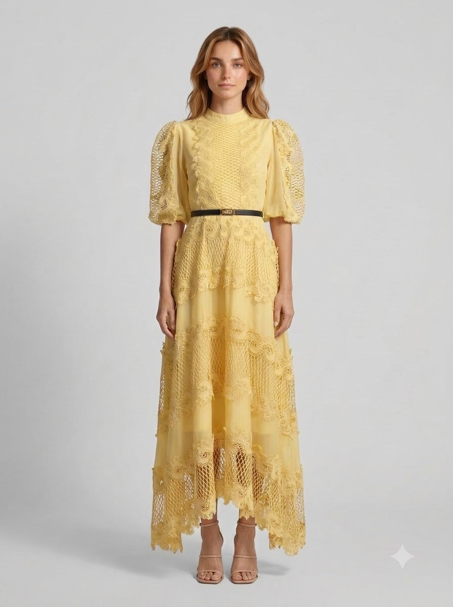 Alanna Embroidered Lace Puff Sleeve Maxi Dress