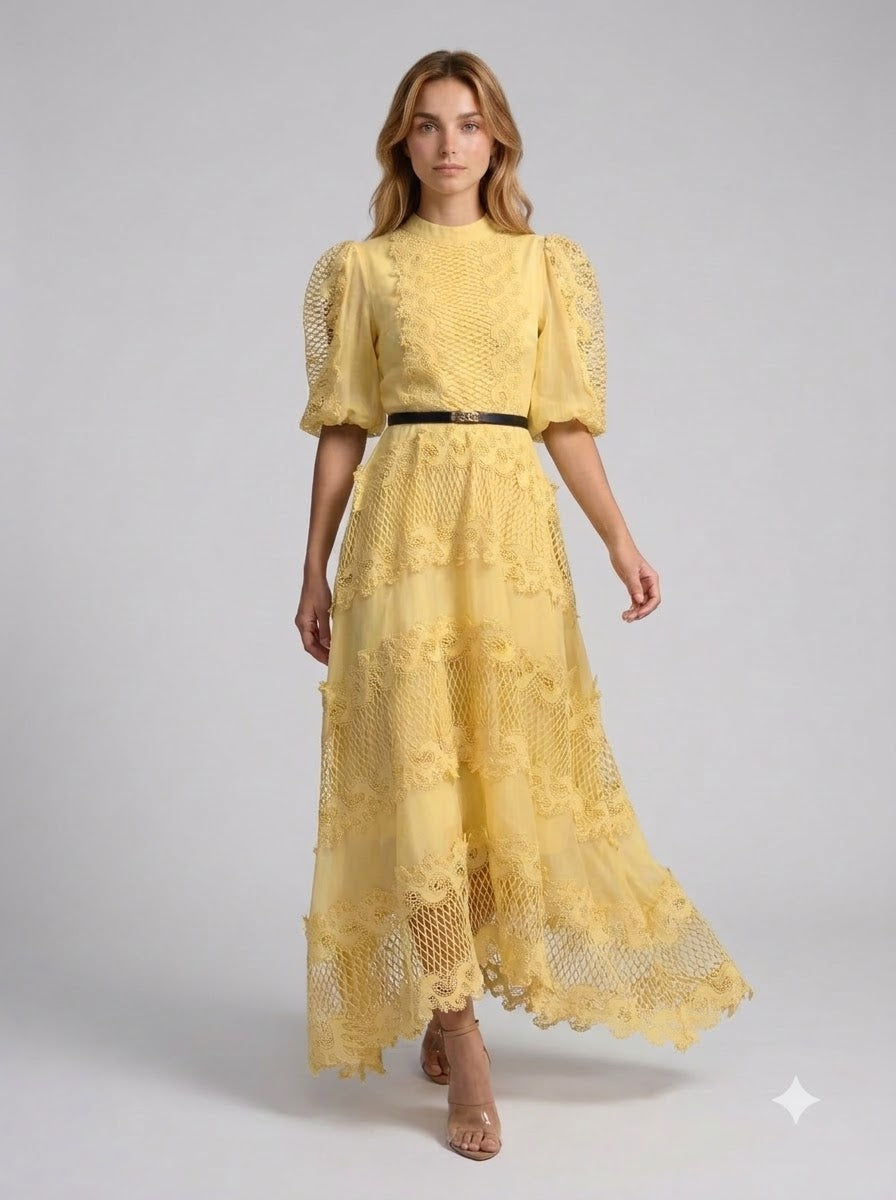 Alanna Embroidered Lace Puff Sleeve Maxi Dress