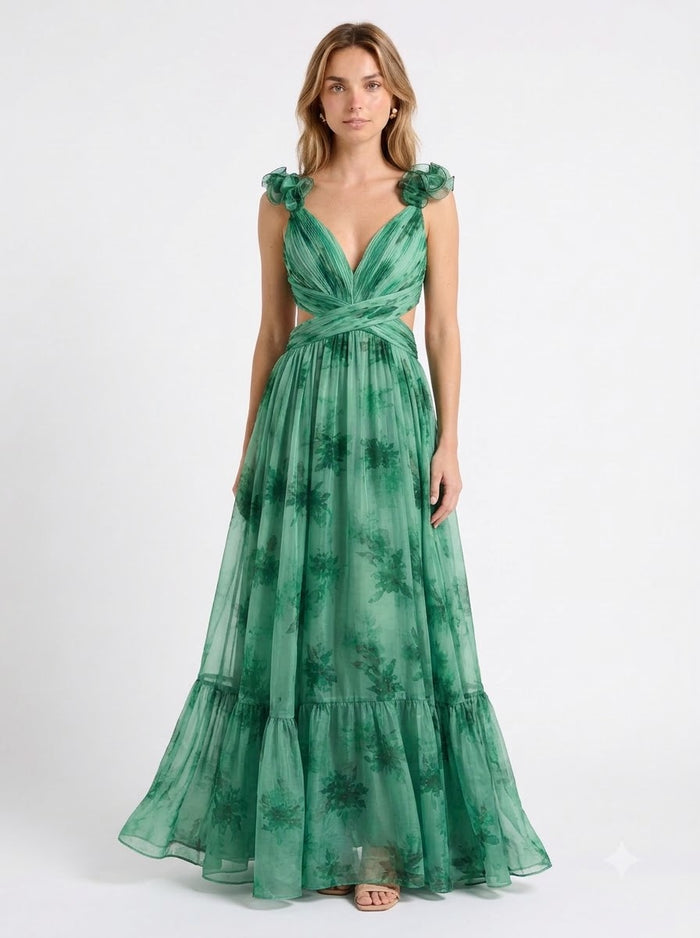 Aria Floral Chiffon Maxi Dress - Green