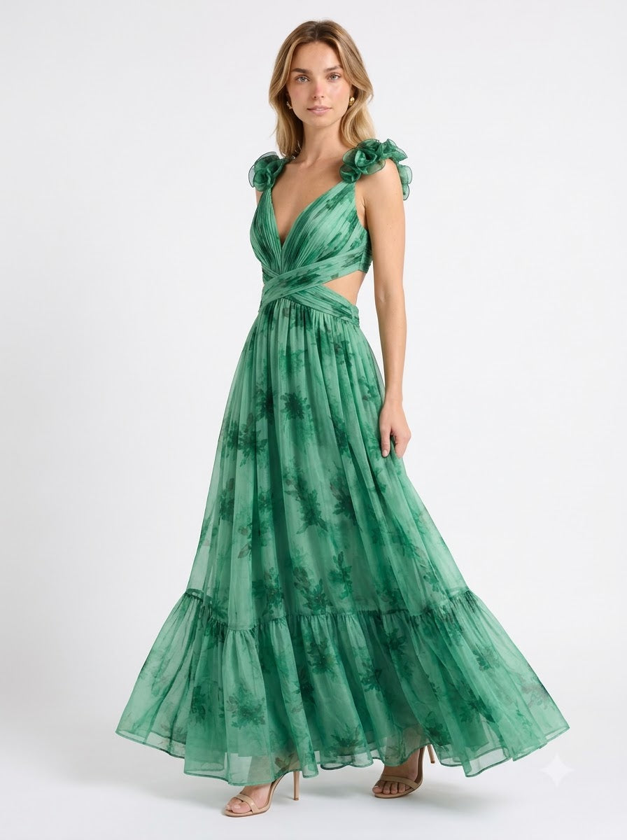 Aria Floral Chiffon Maxi Dress - Green